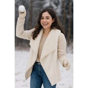 Kate &‎ Sam Cardigan Open Front Faux Fur Collar Sweater Knit Cream M